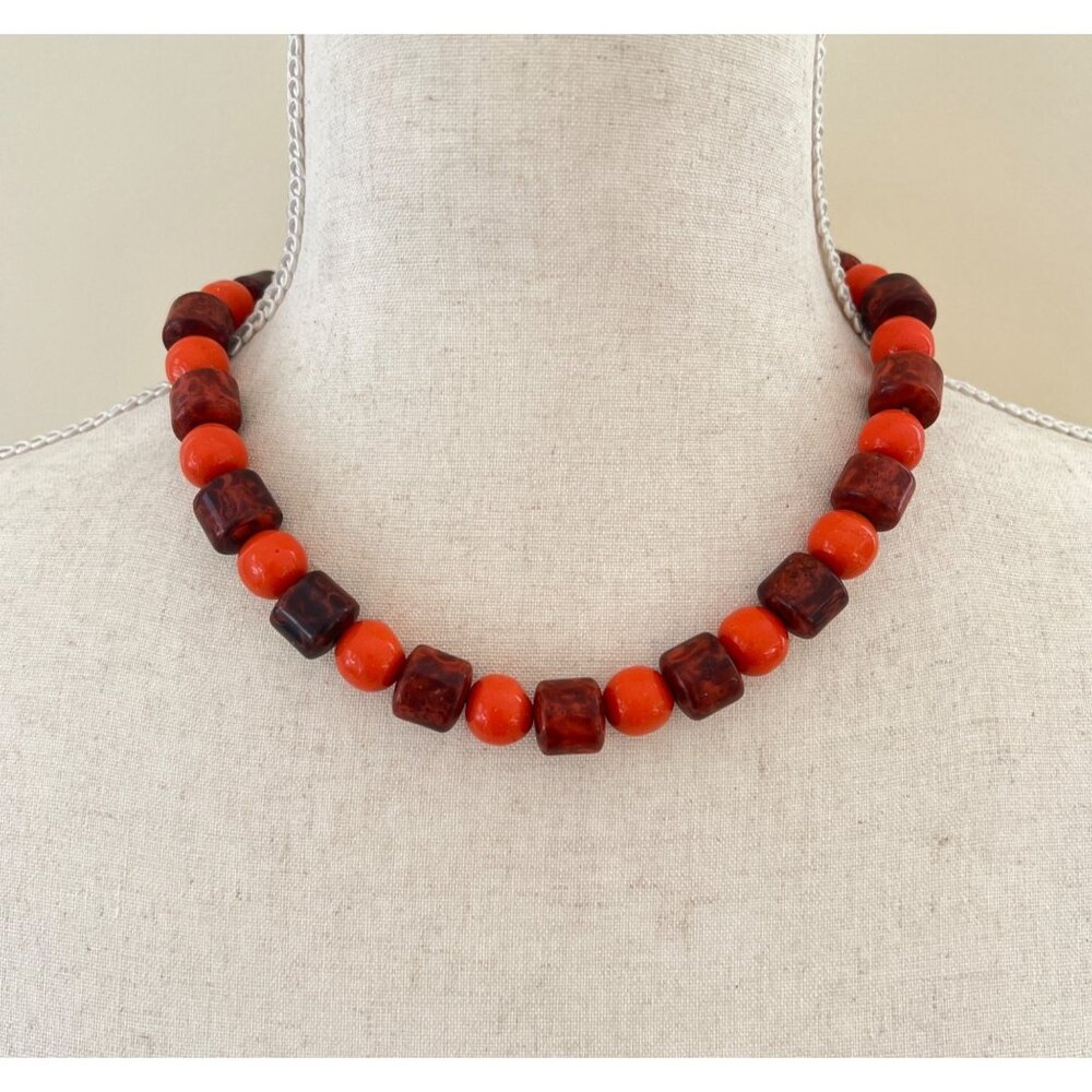 Vintage Retro Italian Orange Marbled Brown Bead Choker Necklace 17.5" Creative